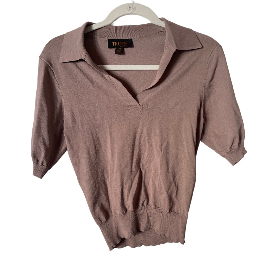 Truth By Republic Taupe‎ Tan Short Sleeved Collared Blouse XS